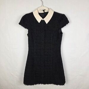 Likely Black Tweed Mini Dress White Contrast Collar Wool Blend Cap Sleeve Size 4